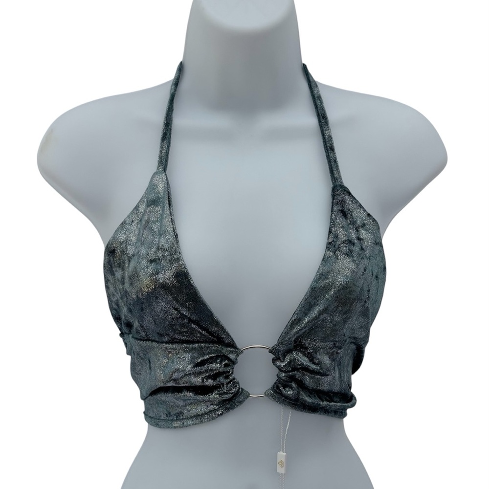 Chic Metallic Halter Crop Top with Ring Accent